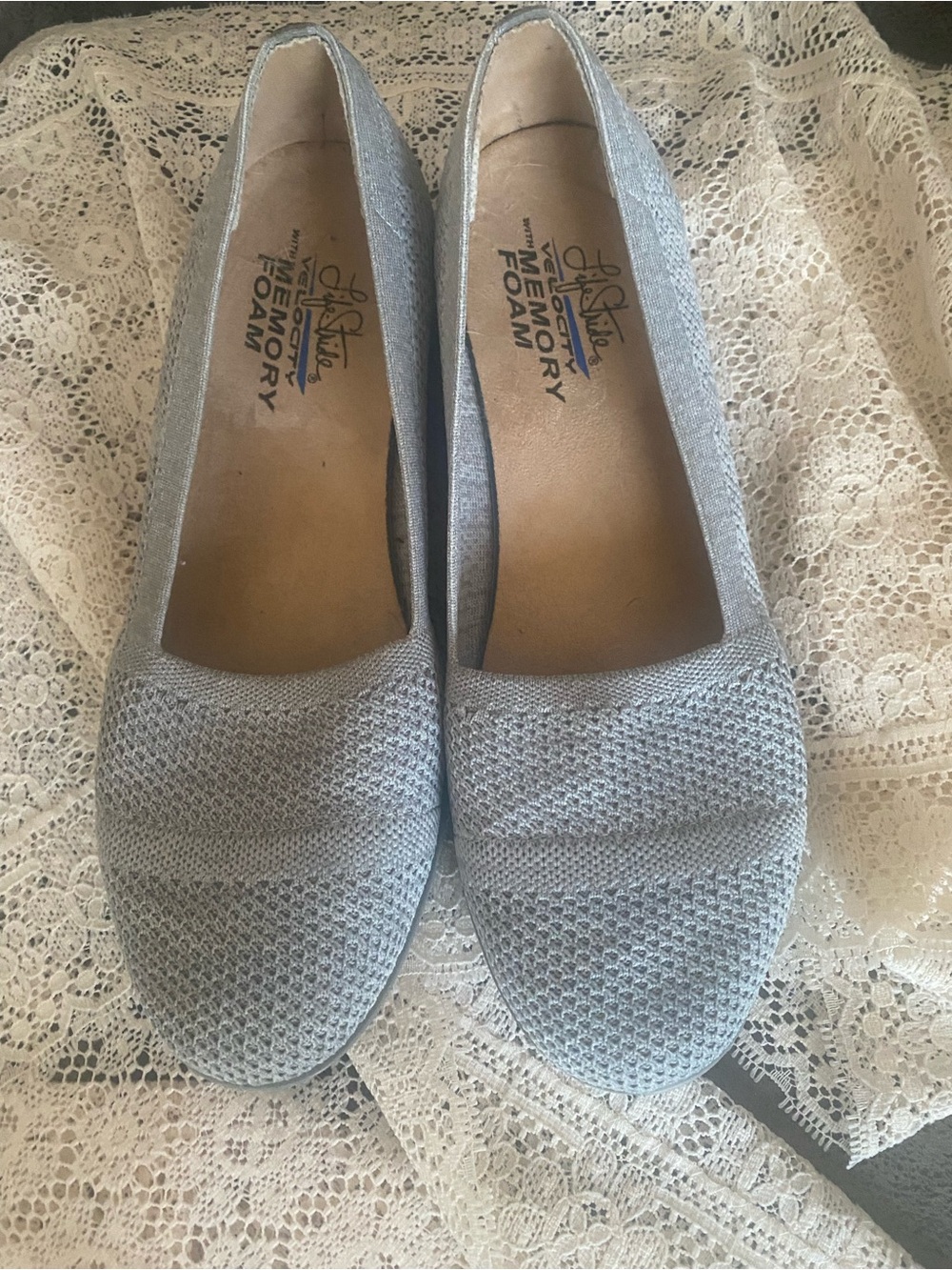 Life Stride Silver Knit Memory Foam Slip-On Flats